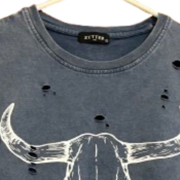 Rare & Collectible Zutter Women Marine Blue Ripped Bull Head Graphic Shirt Sz-S - Picture 6 of 6